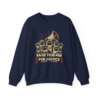 Crewneck Sweatshirt — "Raise Your Paw for Justice" Protest Cat Graphic