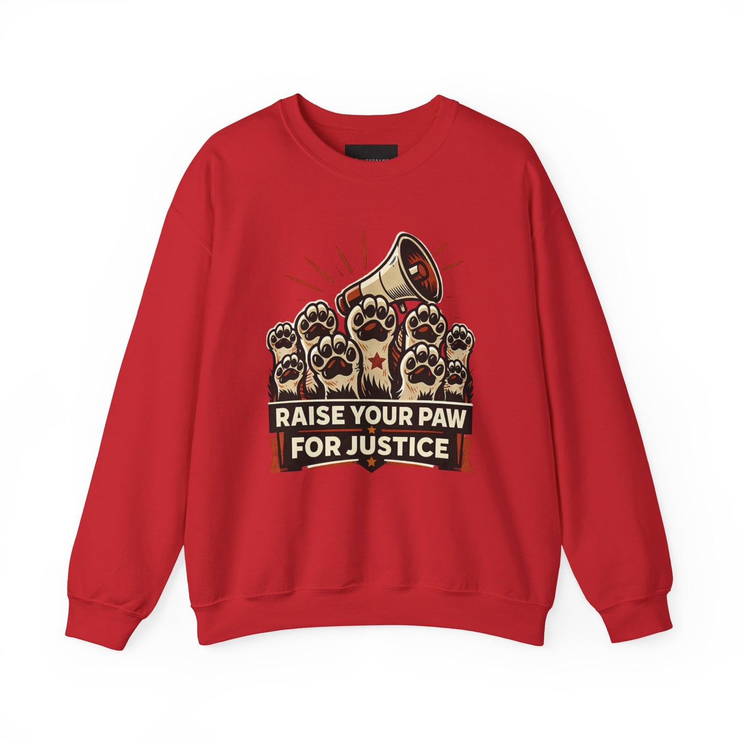 Crewneck Sweatshirt — "Raise Your Paw for Justice" Protest Cat Graphic