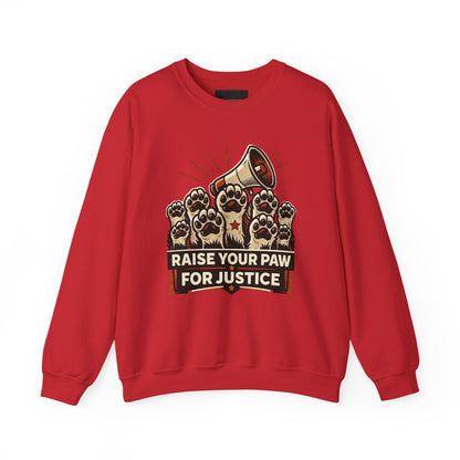 Crewneck Sweatshirt — "Raise Your Paw for Justice" Protest Cat Graphic