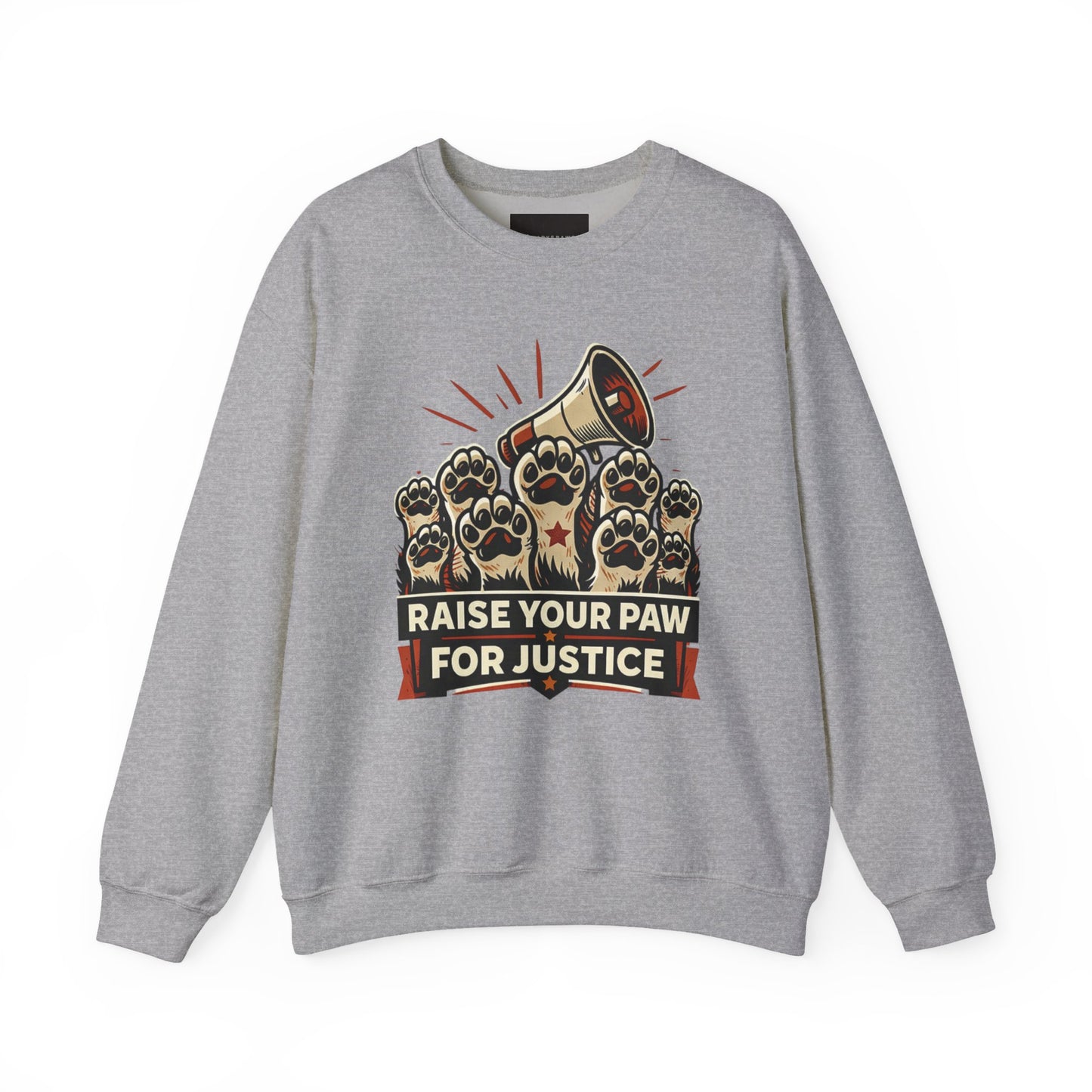 Crewneck Sweatshirt — "Raise Your Paw for Justice" Protest Cat Graphic