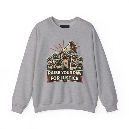 Crewneck Sweatshirt — "Raise Your Paw for Justice" Protest Cat Graphic