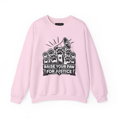 Crewneck Sweatshirt — "Raise Your Paw for Justice" Protest Cat Graphic