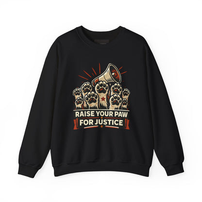 Crewneck Sweatshirt — "Raise Your Paw for Justice" Protest Cat Graphic