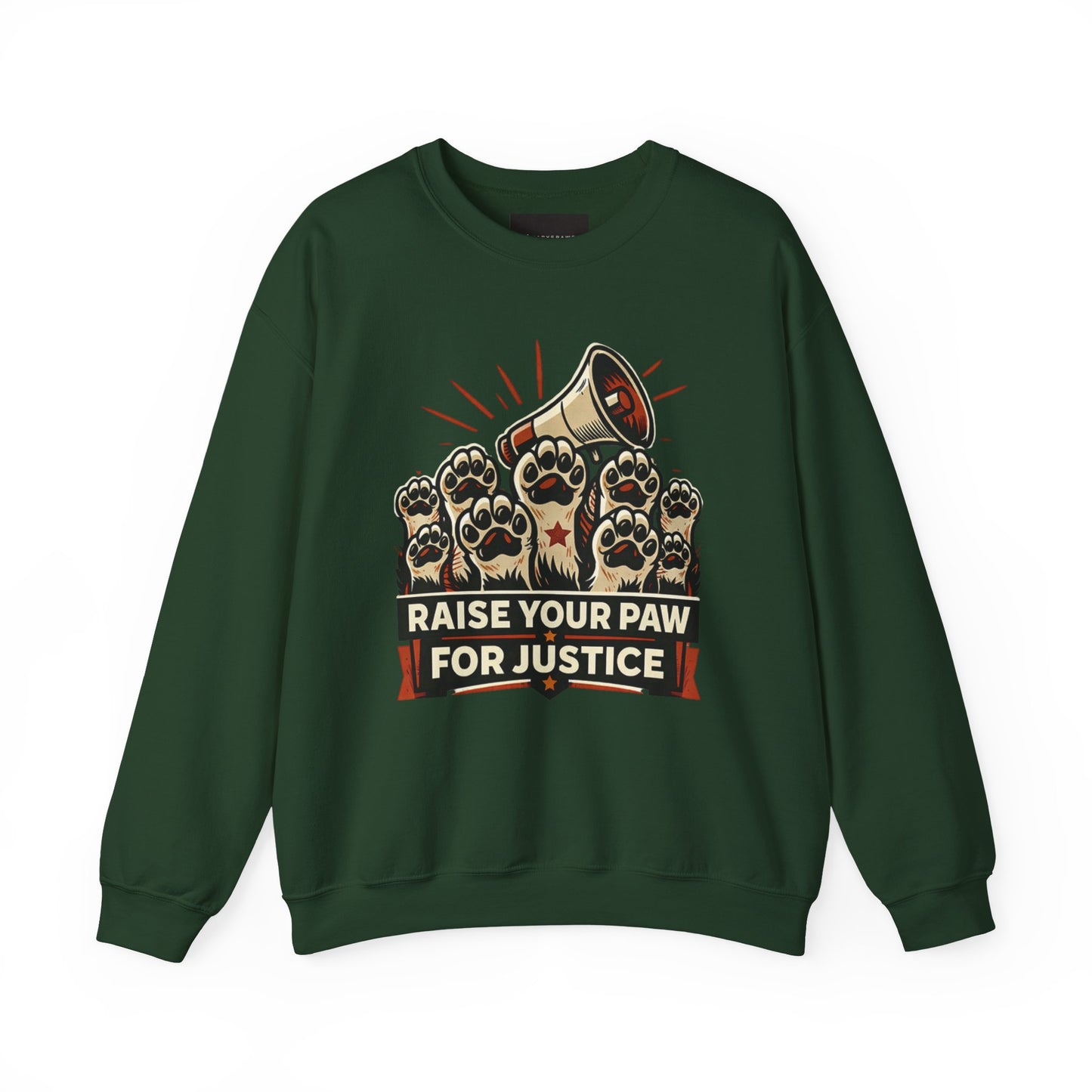 Crewneck Sweatshirt — "Raise Your Paw for Justice" Protest Cat Graphic