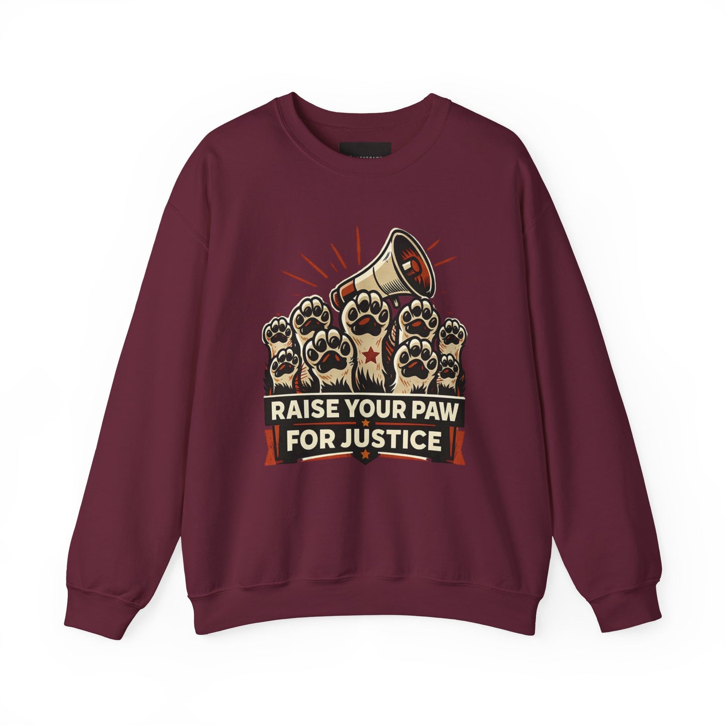 Crewneck Sweatshirt — "Raise Your Paw for Justice" Protest Cat Graphic