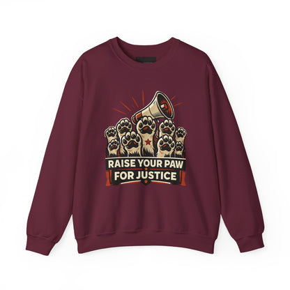 Crewneck Sweatshirt — "Raise Your Paw for Justice" Protest Cat Graphic
