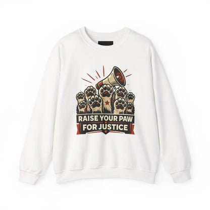 Crewneck Sweatshirt — "Raise Your Paw for Justice" Protest Cat Graphic