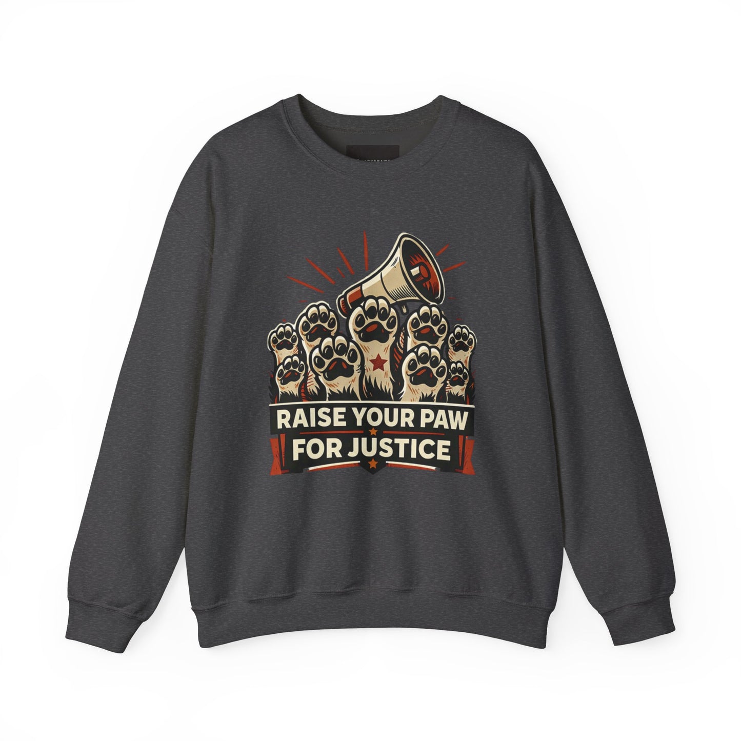 Crewneck Sweatshirt — "Raise Your Paw for Justice" Protest Cat Graphic