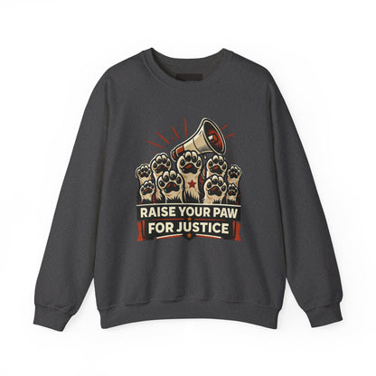 Crewneck Sweatshirt — "Raise Your Paw for Justice" Protest Cat Graphic