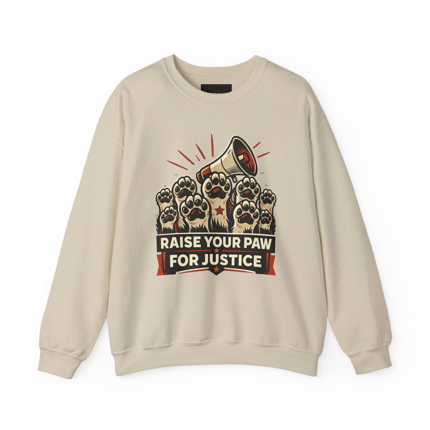 Crewneck Sweatshirt — "Raise Your Paw for Justice" Protest Cat Graphic