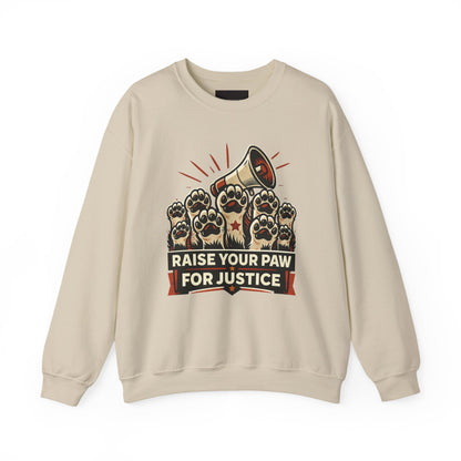 Crewneck Sweatshirt — "Raise Your Paw for Justice" Protest Cat Graphic