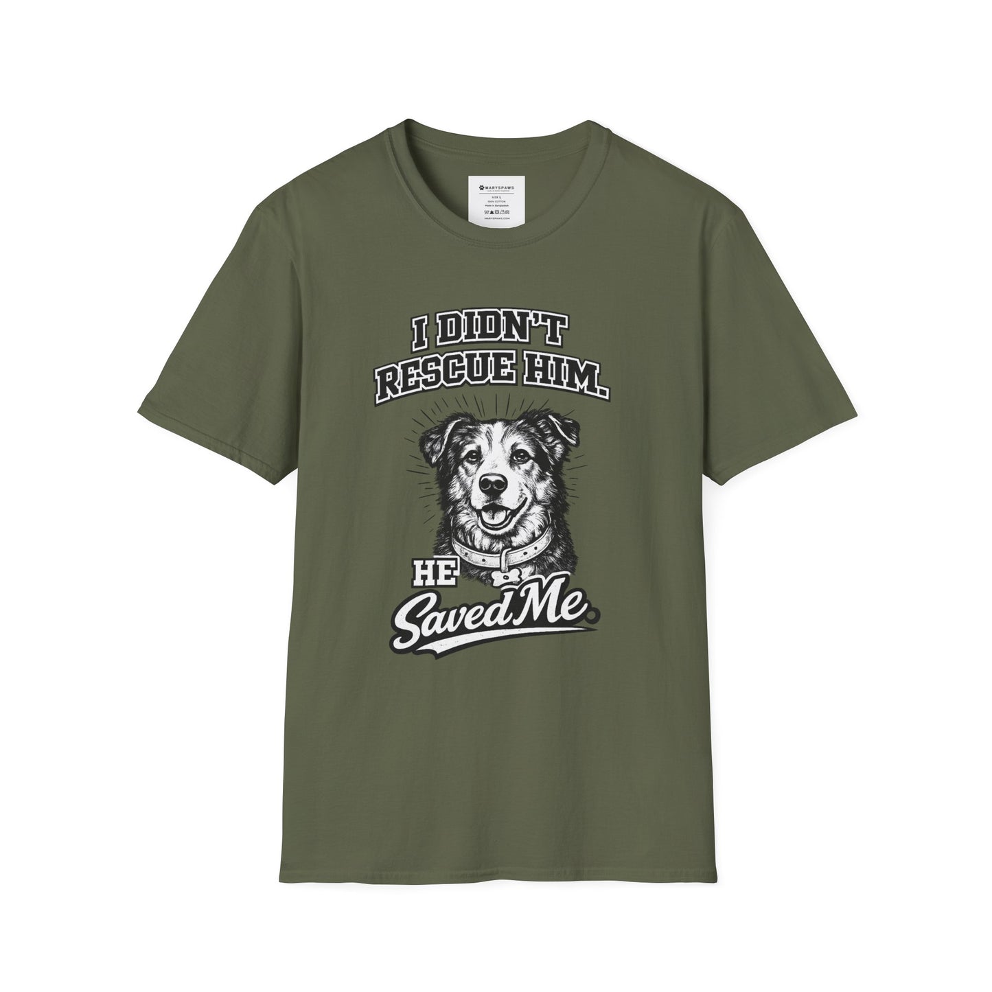 Rescue Dog T-Shirt — "I Didn't Rescue Him, He Saved Me" Illustration